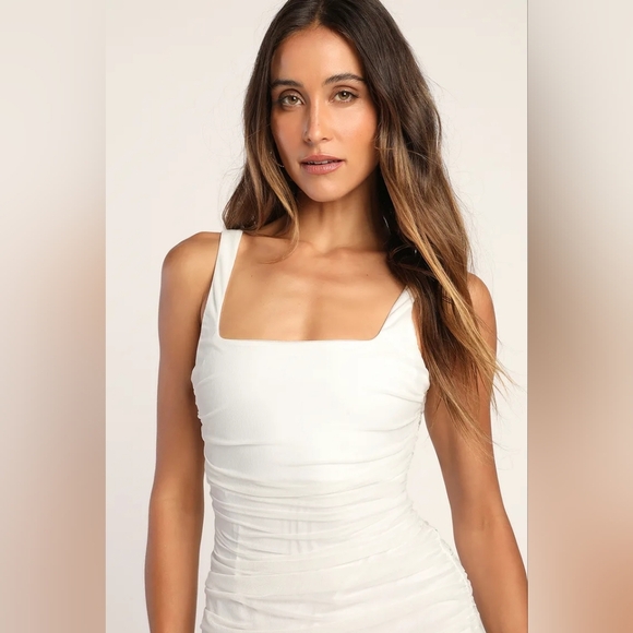 Lulus V.I.P. Treatment White Mesh Ruched Bodycon Midi Dress S Wedding Party - Picture 4 of 8